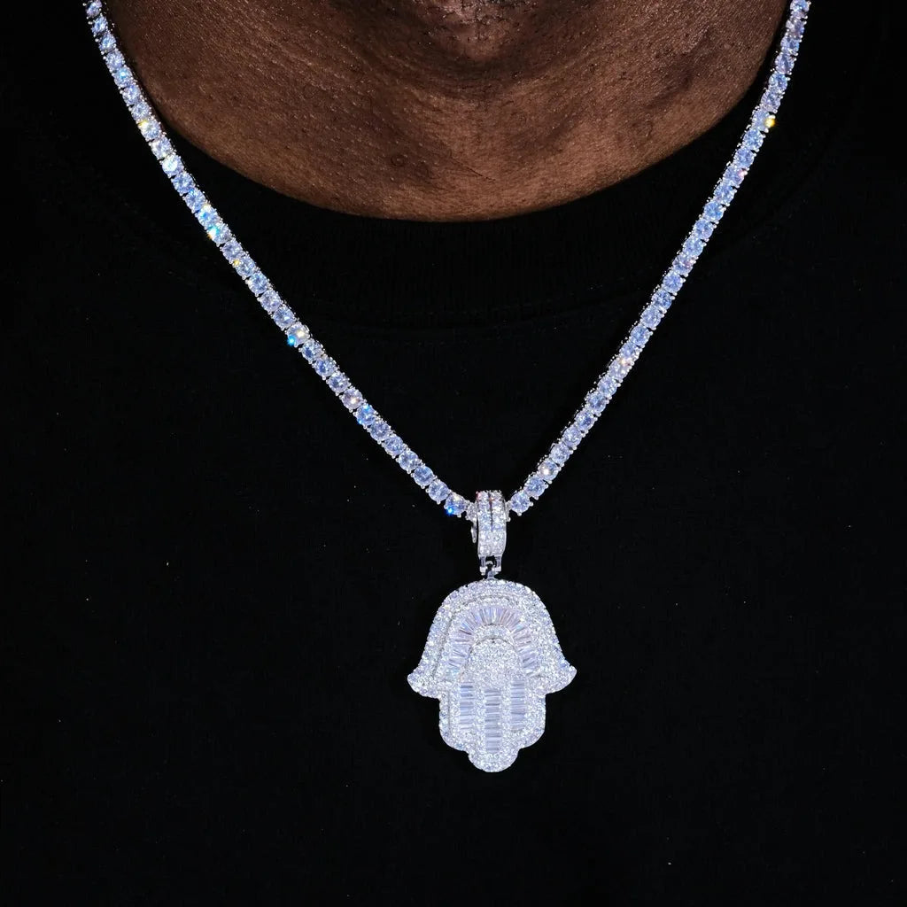Iced Out Baguette CZ Hamsa Hand Pendant with Tennis/Rope Chain Necklaces for Men
