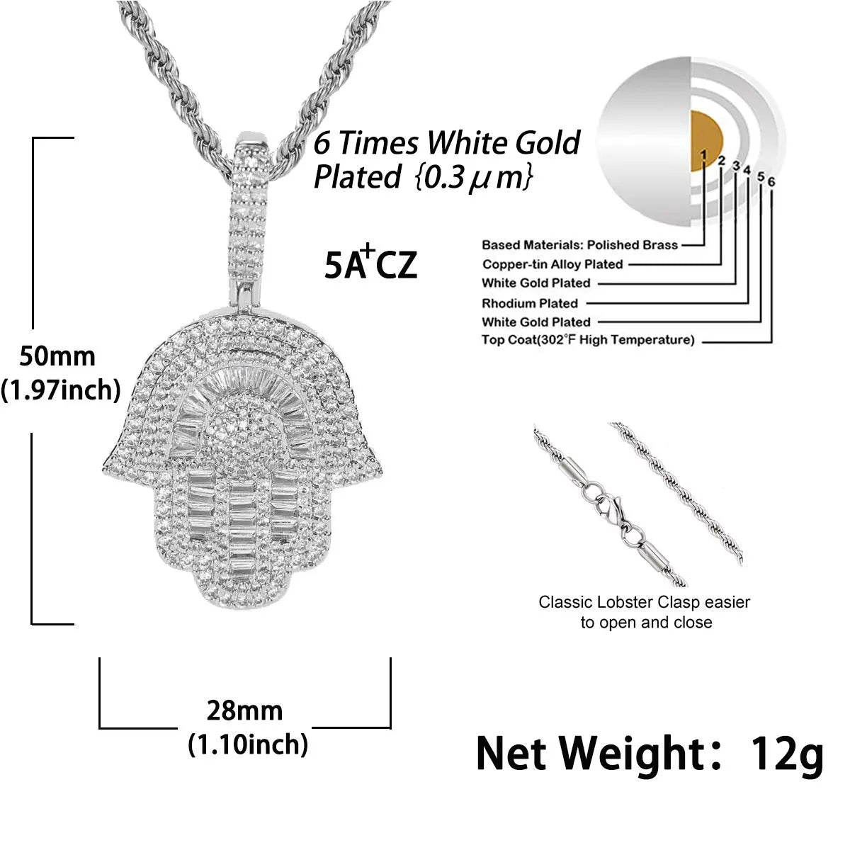 Iced Out Baguette CZ Hamsa Hand Pendant with Tennis/Rope Chain Necklaces for Men