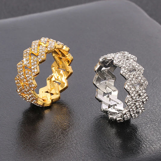 Iced Out Cuban Link Chain Ring Gold Plated, CZ Simulated Zircon