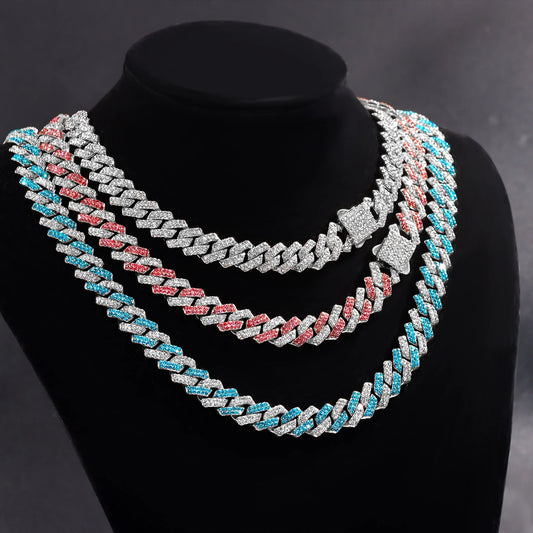 Iced Out Cuban Link Chain Necklace 14MM 2 Row Rhinestone Paved Prong