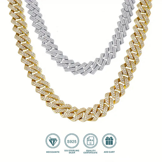 Moissanite Necklace 925 Sterling Silver 18K Golden Plated Cuban Chain