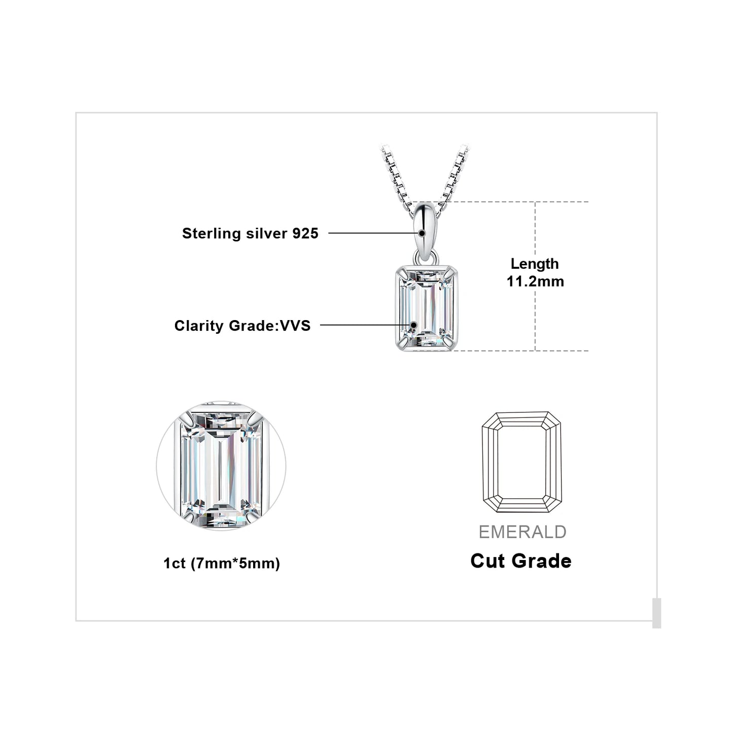 Moissanite D Color 1ct Emerald Cut 925 Sterling Silver Pendant Necklace