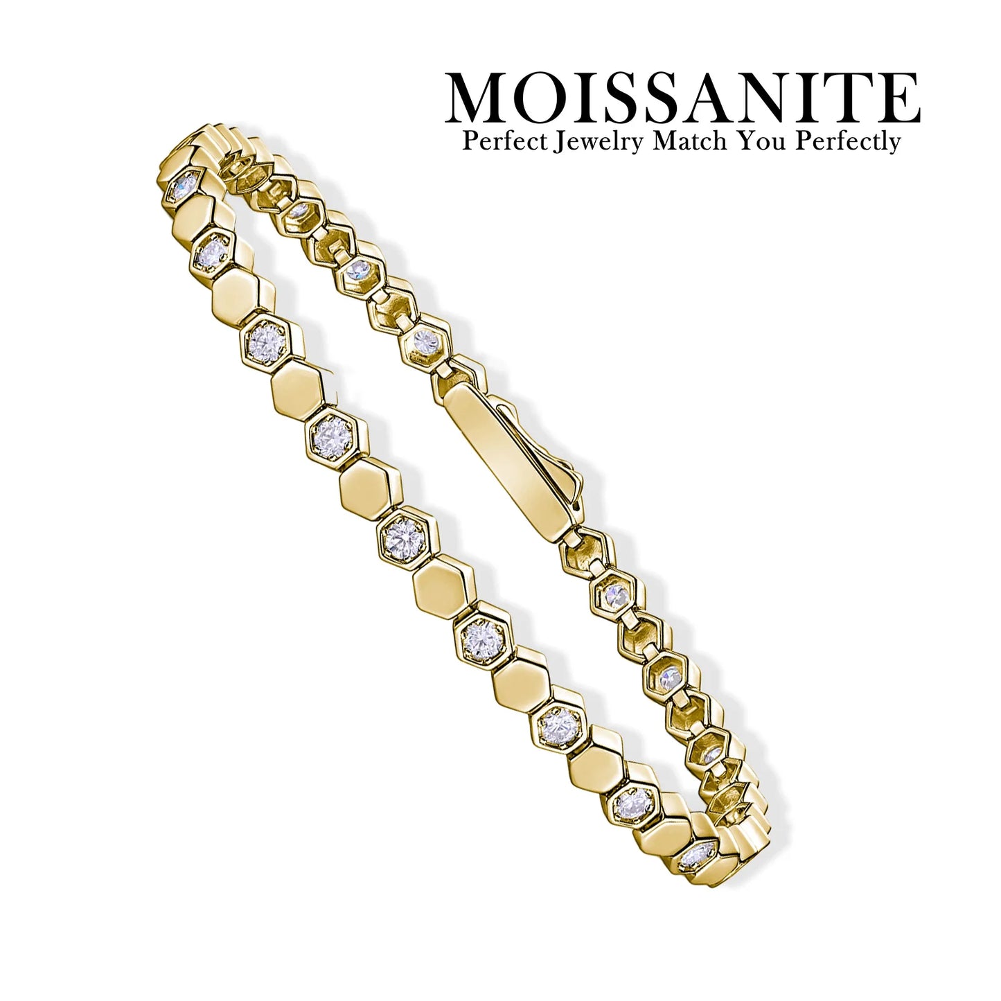 925 Sterling Silver 14K Gold Plated Moissanite Hexagon Tennis Bracelet