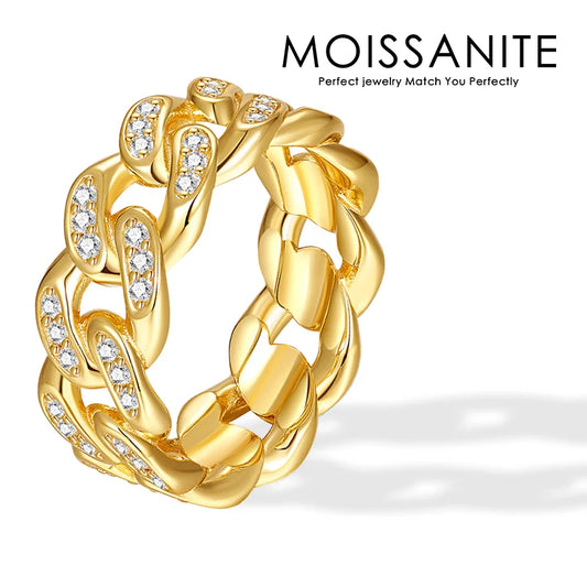 S925 Sterling Silver 18K Gold Plated Moissanite Cuban Chain Ring