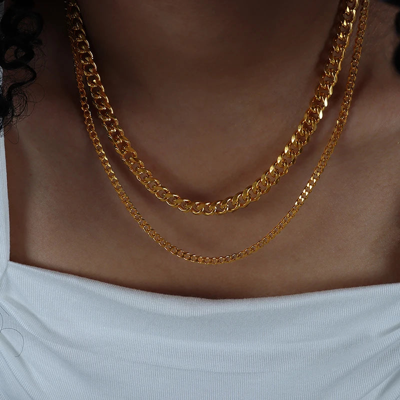 3MM5MM7MM Cuban Link Chain Stainless Steel Necklace Waterproof Gold Plated