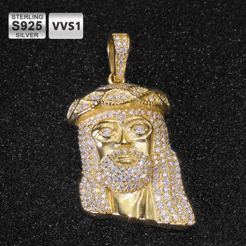 Iced Out Moissanite Jesus Head Pendant Pass Diamond Gold Plated 925 Silver Charm Necklace