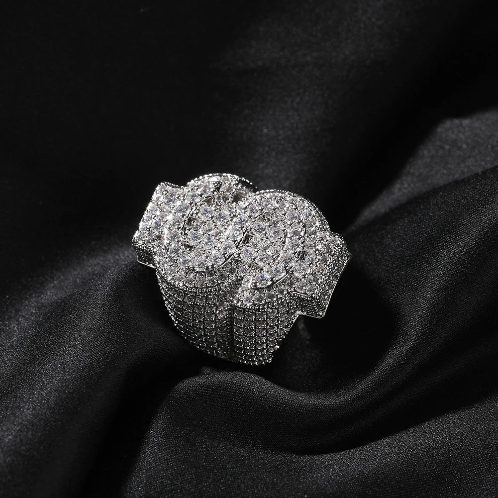 Full Iced Out $ Sign  Rings Micro Paved Out Cubic Zirconia Ring