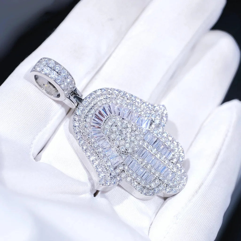 Iced Out Baguette CZ Hamsa Hand Pendant with Tennis/Rope Chain Necklaces for Men