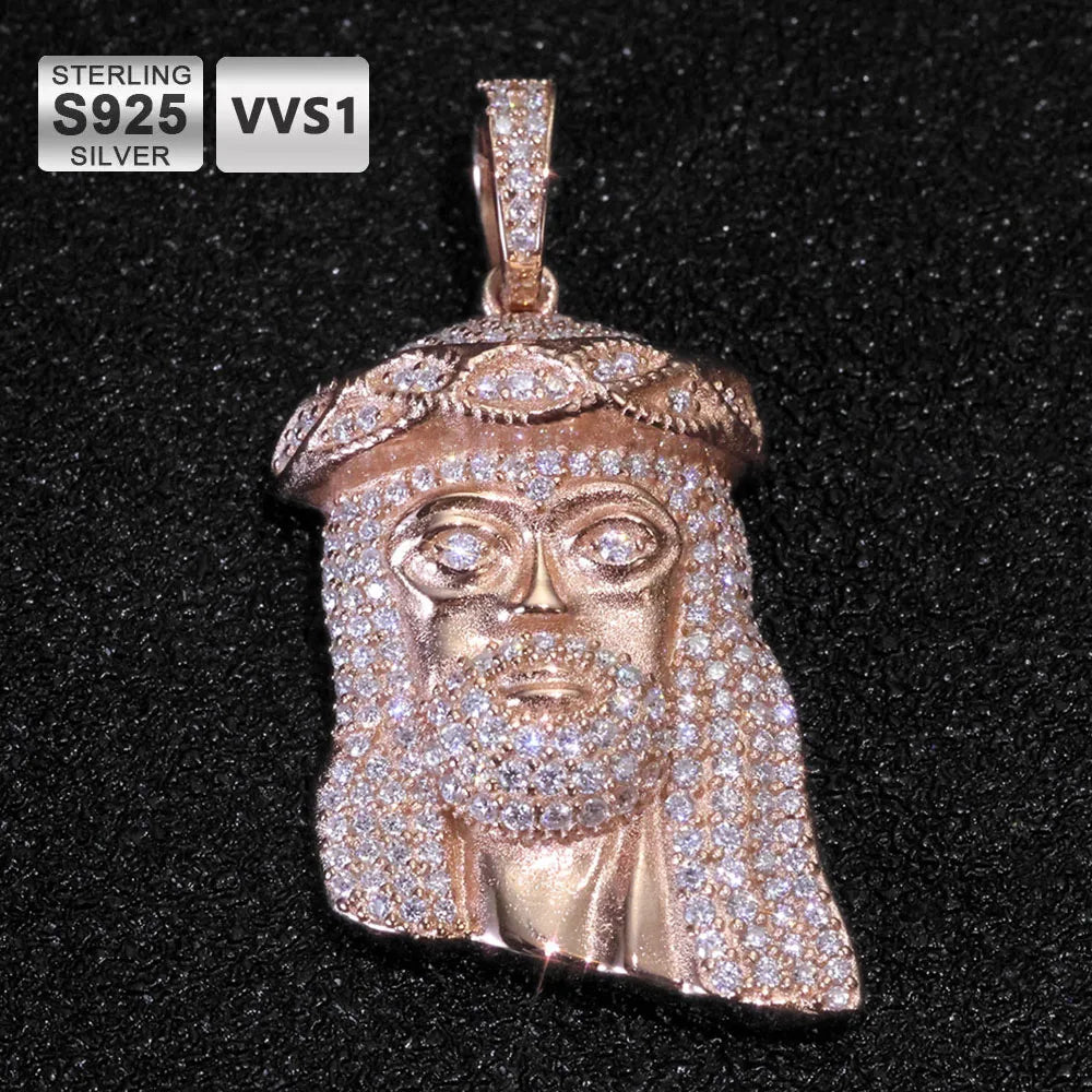 Iced Out Moissanite Jesus Head Pendant Pass Diamond Gold Plated 925 Silver Charm Necklace