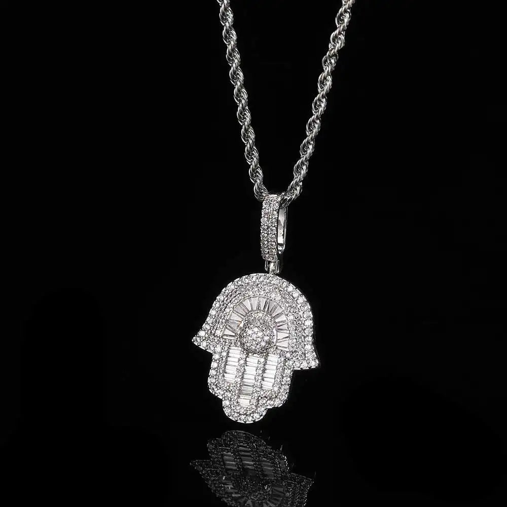 Iced Out Baguette CZ Hamsa Hand Pendant with Tennis/Rope Chain Necklaces for Men