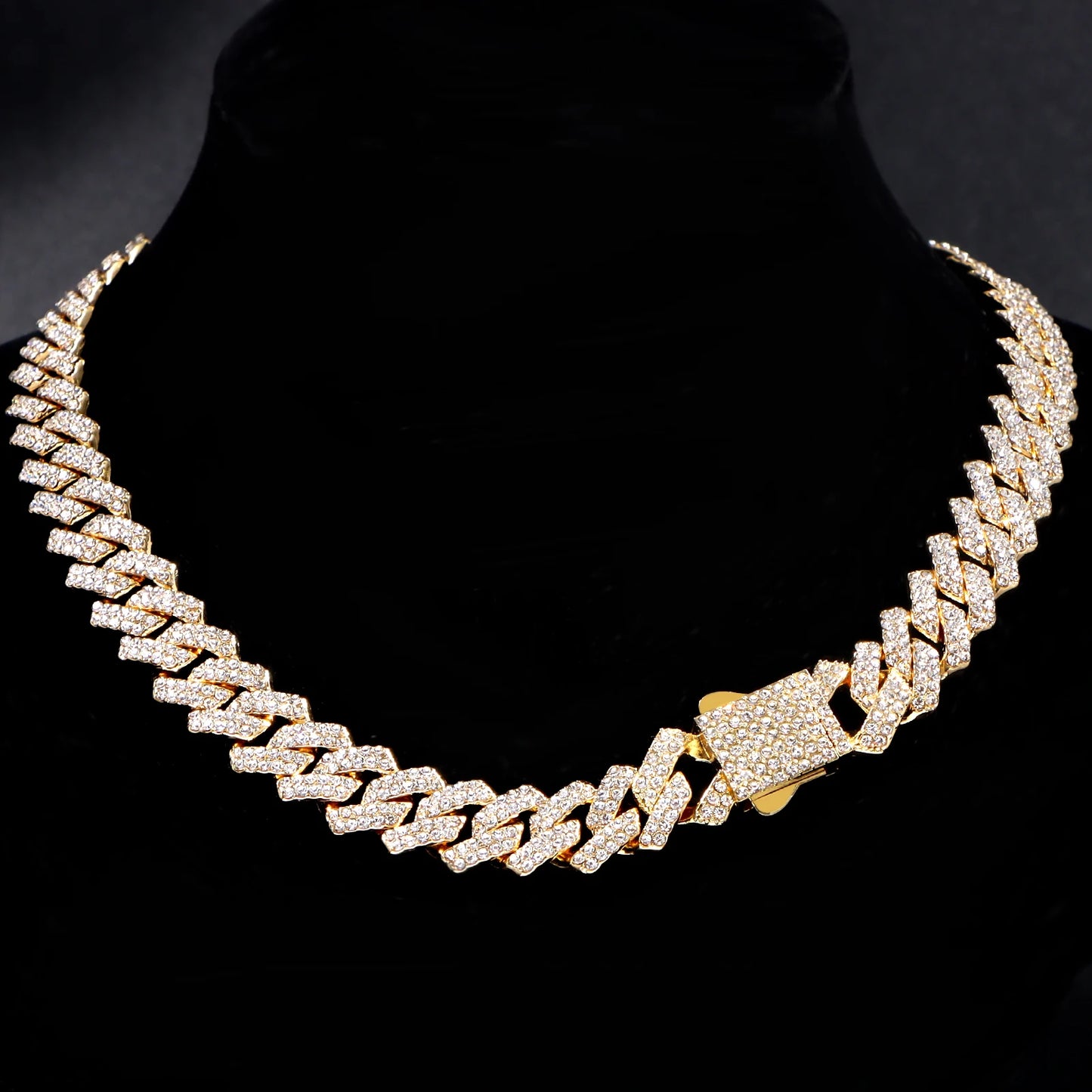 Iced Out Cuban Link Chain Necklace 14MM 2 Row Rhinestone Paved Prong