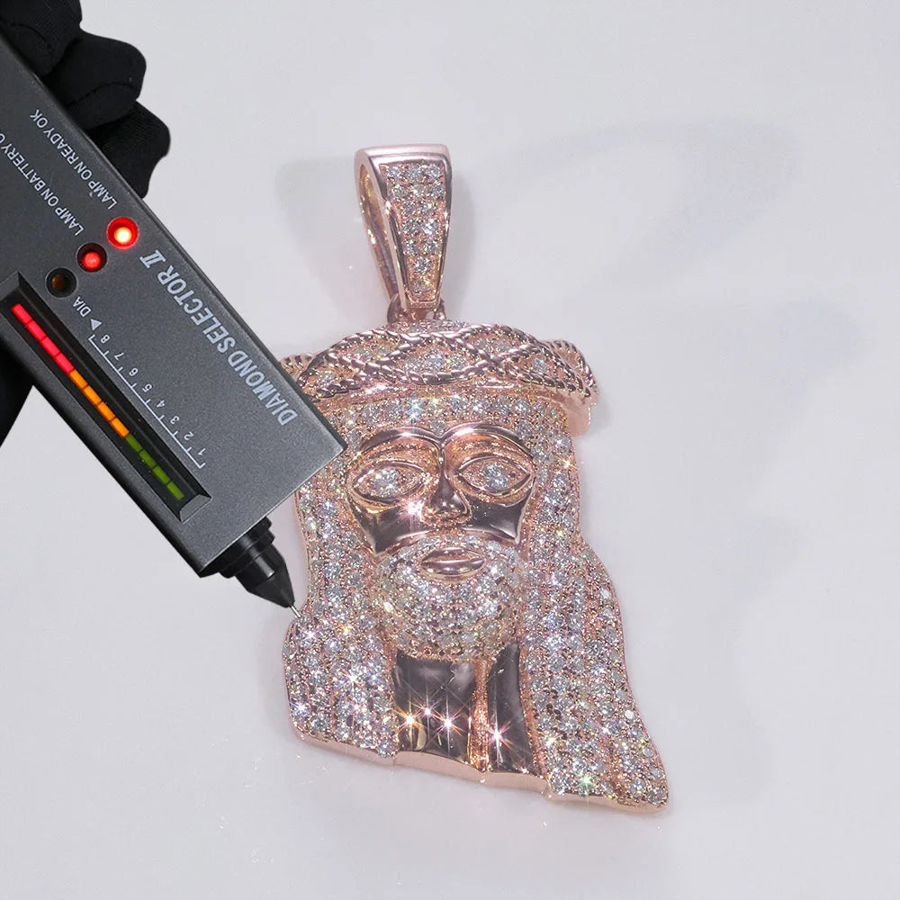 Iced Out Moissanite Jesus Head Pendant Pass Diamond Gold Plated 925 Silver Charm Necklace