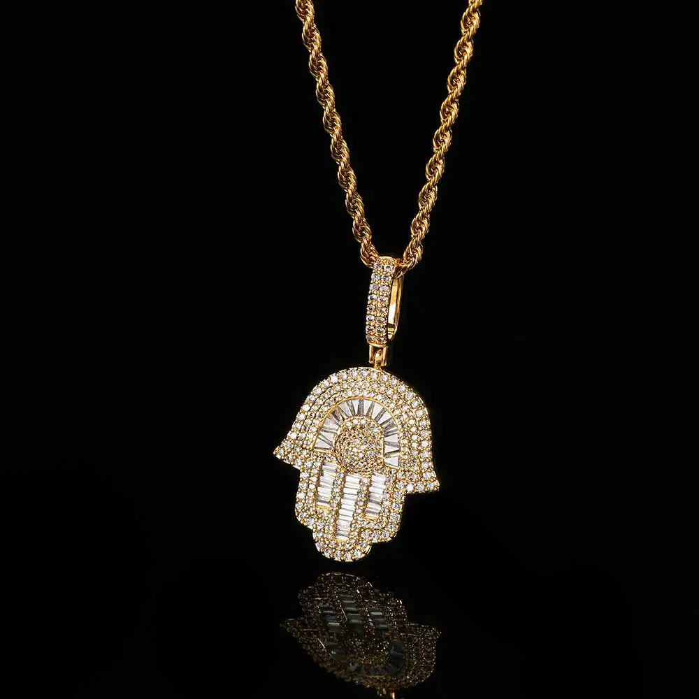 Iced Out Baguette CZ Hamsa Hand Pendant with Tennis/Rope Chain Necklaces for Men