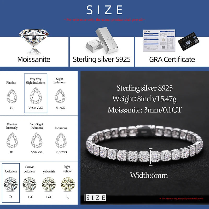 Moissanite Tennis Bracelet GRA Diamond Original 925 Sterling Silver