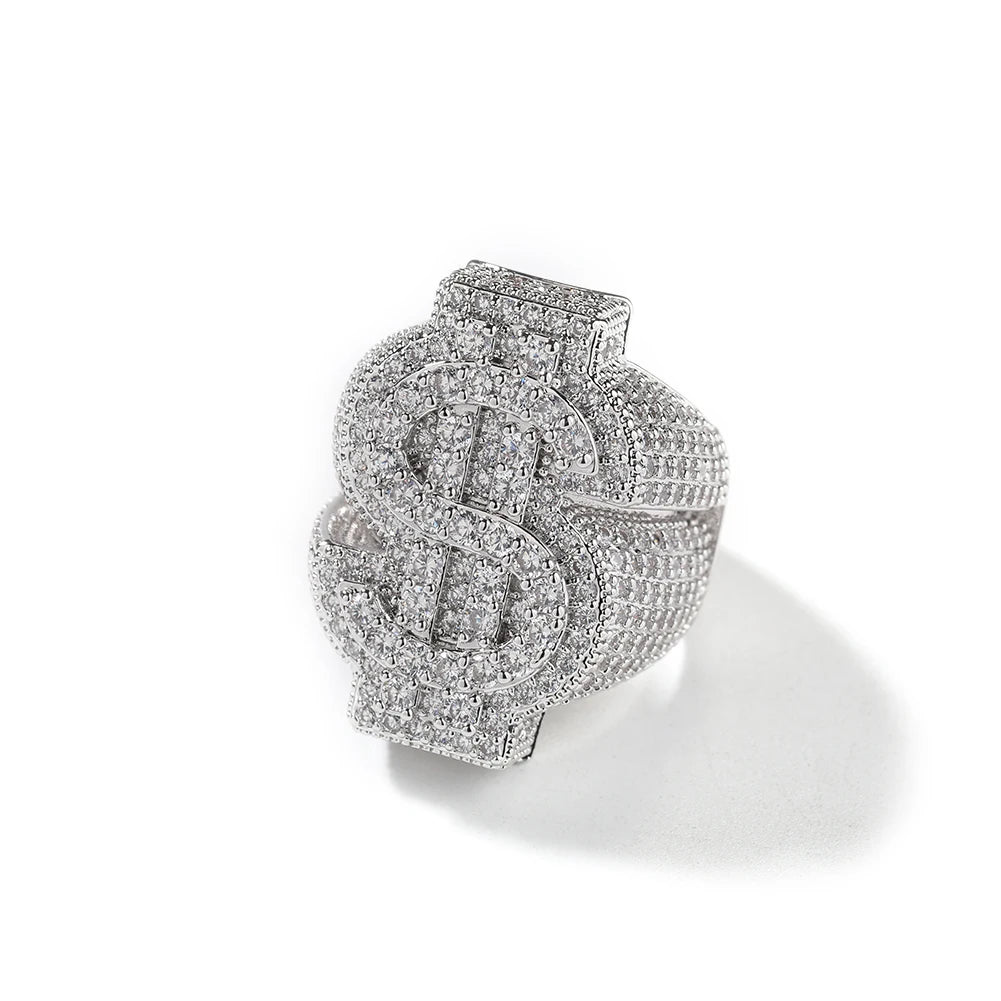 Full Iced Out $ Sign  Rings Micro Paved Out Cubic Zirconia Ring