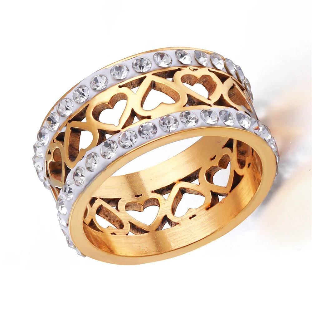Iced Out Cubic Zircon Heart Ring Stainless Steel Gold Silver