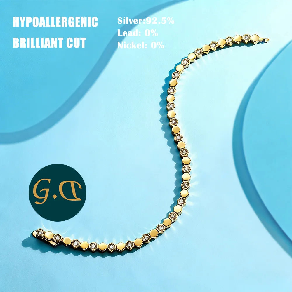 925 Sterling Silver 14K Gold Plated Moissanite Hexagon Tennis Bracelet