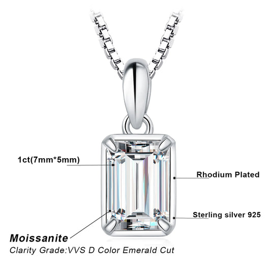 Moissanite D Color 1ct Emerald Cut 925 Sterling Silver Pendant Necklace