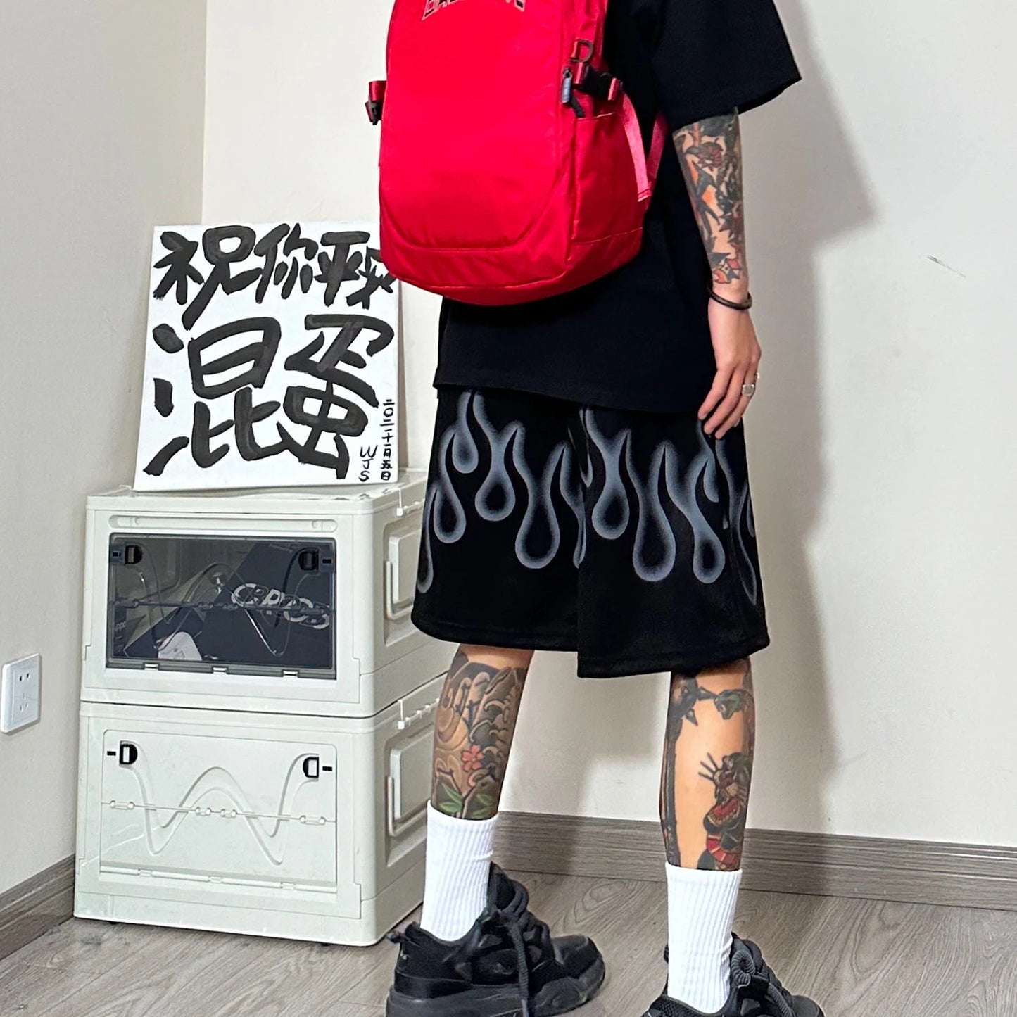 Flame Graphic Shorts Loose Oversized Pants