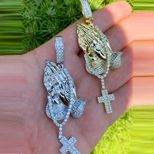 5A Cubic Zirconia Praying Hands Cross Pendant Necklaces For Men