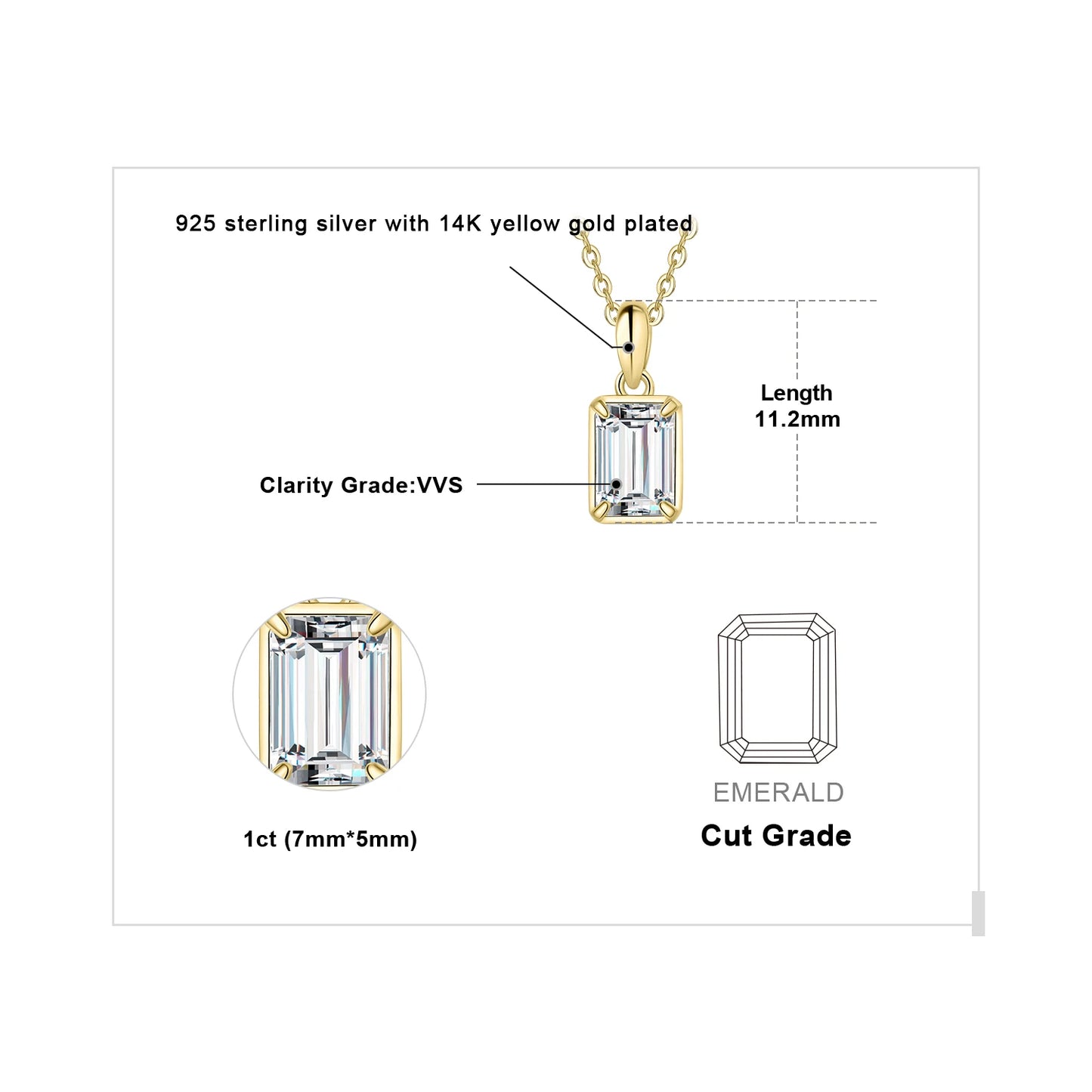 Moissanite D Color 1ct Emerald Cut 925 Sterling Silver Pendant Necklace